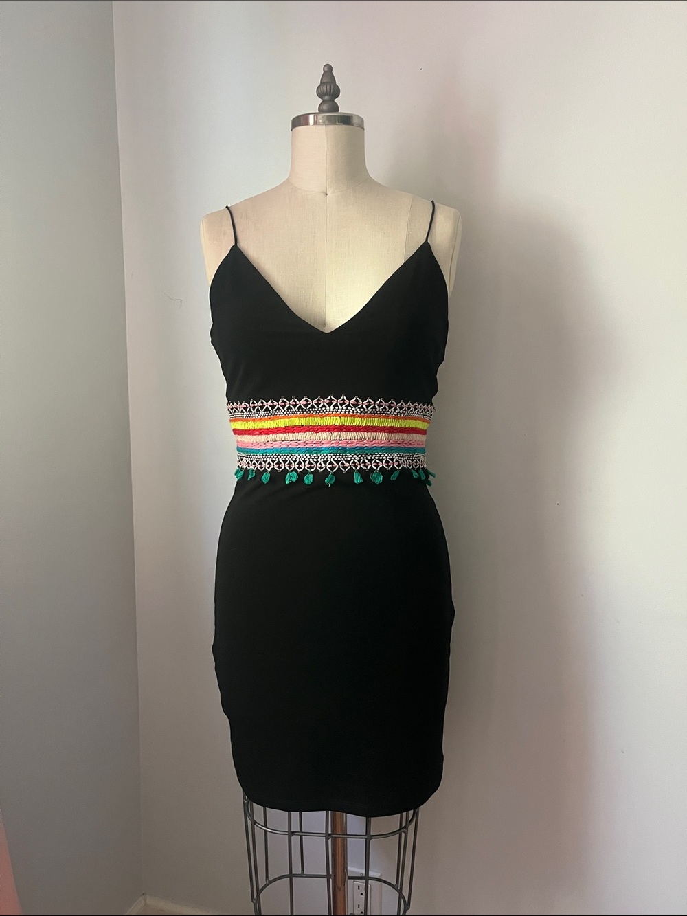 Alice + Olivia Black Mini Dress with Multicolor Embroidered Waist
